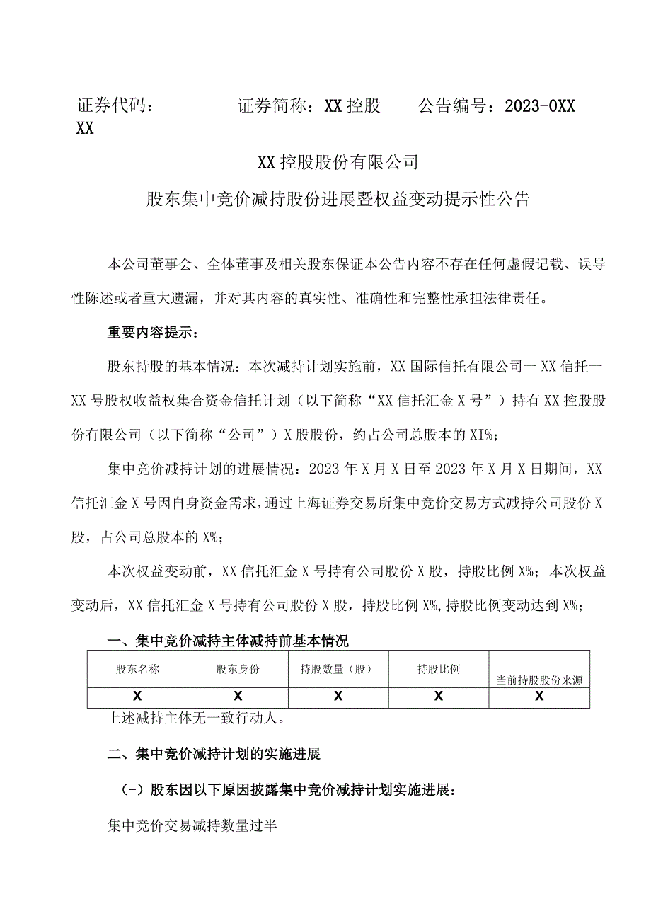 XX控股股份有限公司股东集中竞价减持股份进展暨权益变动提示性公告.docx_第1页