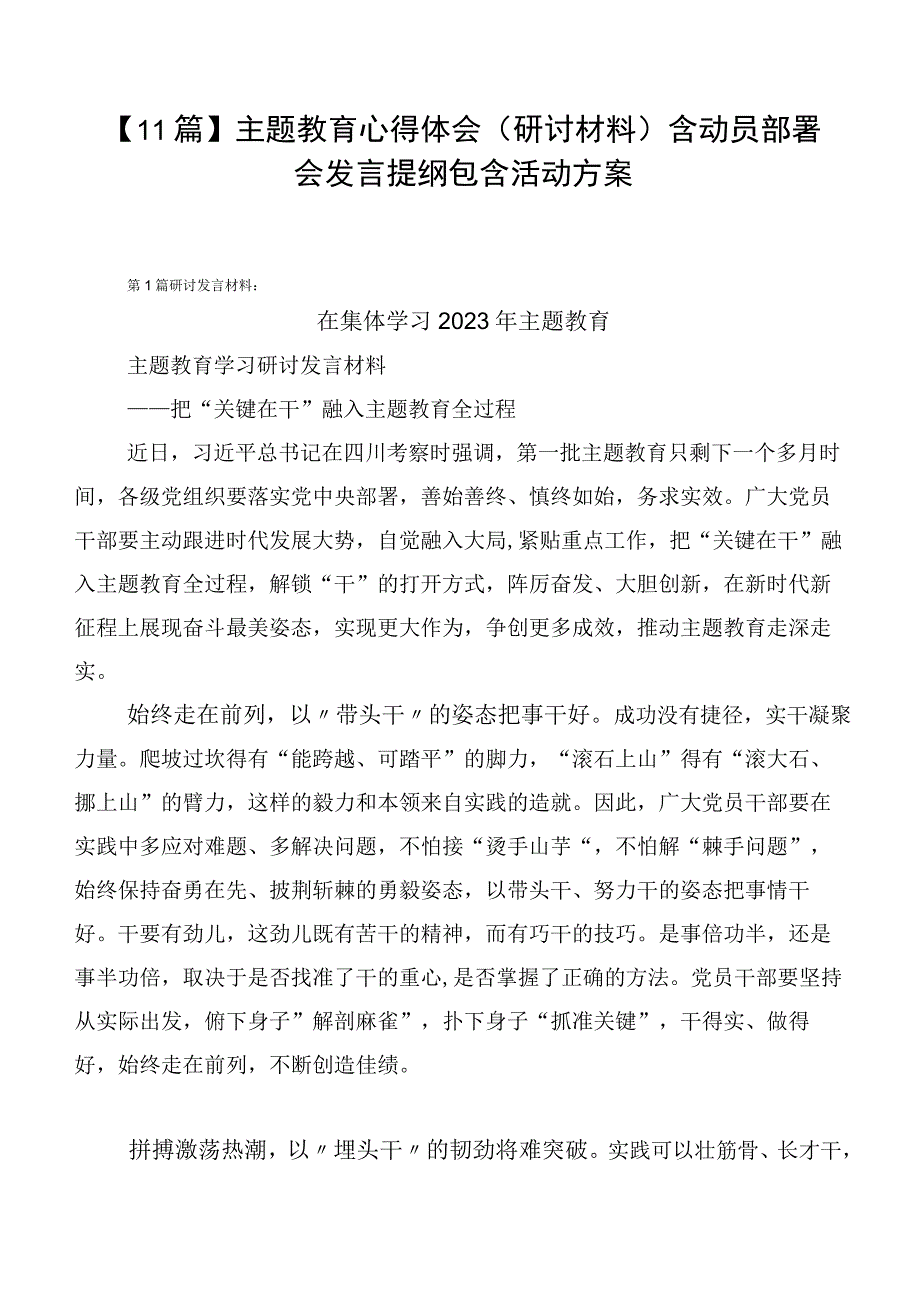 【11篇】主题教育心得体会（研讨材料）含动员部署会发言提纲包含活动方案.docx_第1页