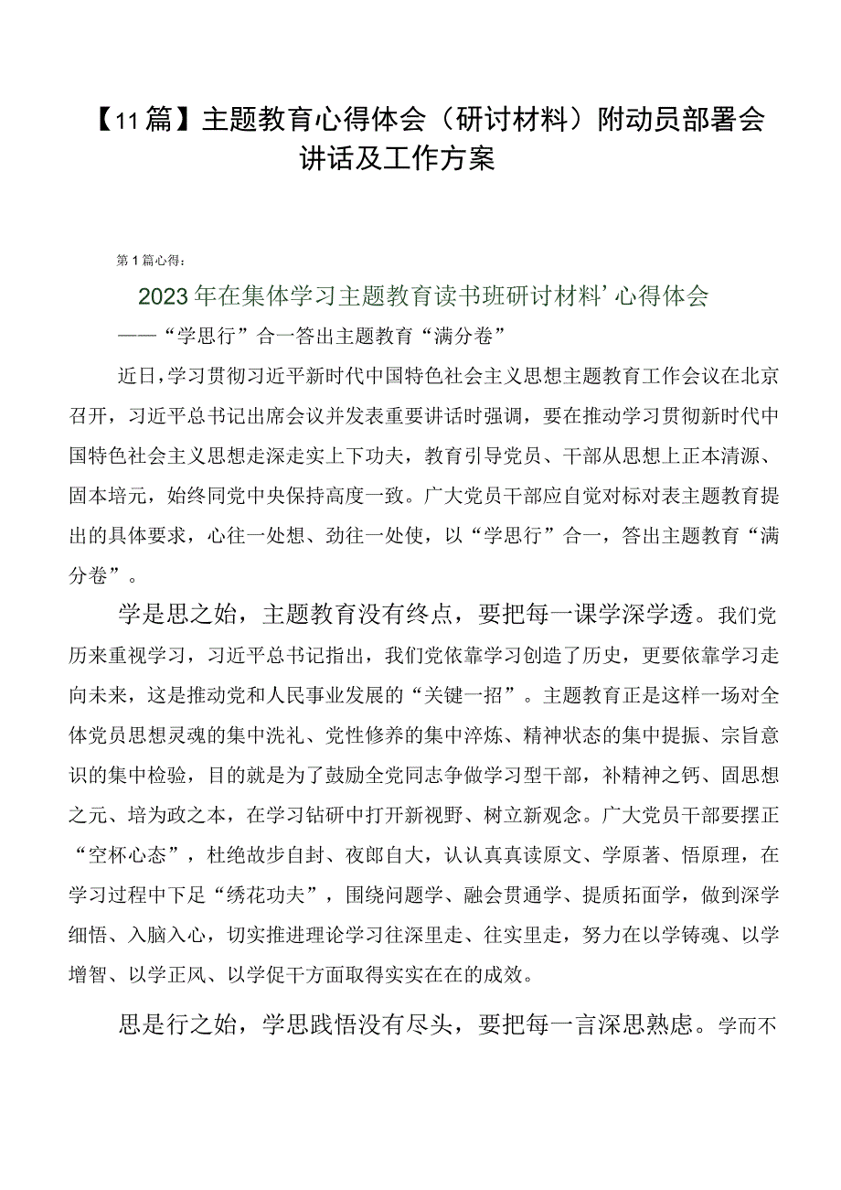 【11篇】主题教育心得体会（研讨材料）附动员部署会讲话及工作方案.docx_第1页