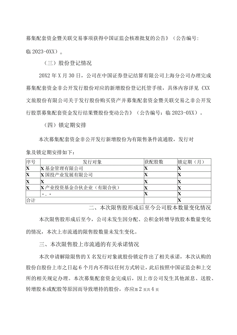 XX股份有限公司关于发行股份购买资产并募集配套资金暨关联交易之部分限售股上市流通公告.docx_第2页