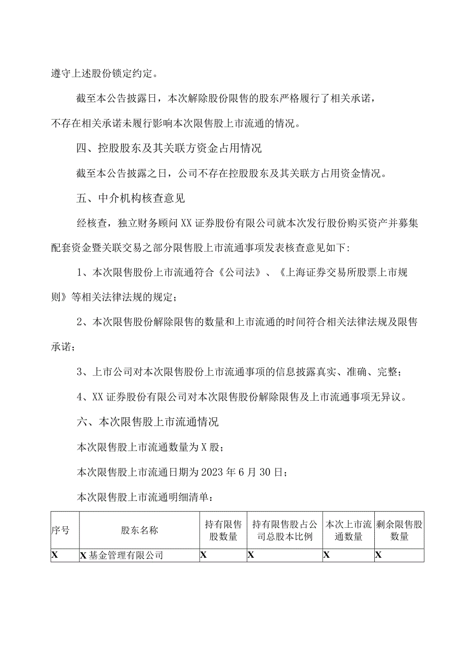 XX股份有限公司关于发行股份购买资产并募集配套资金暨关联交易之部分限售股上市流通公告.docx_第3页