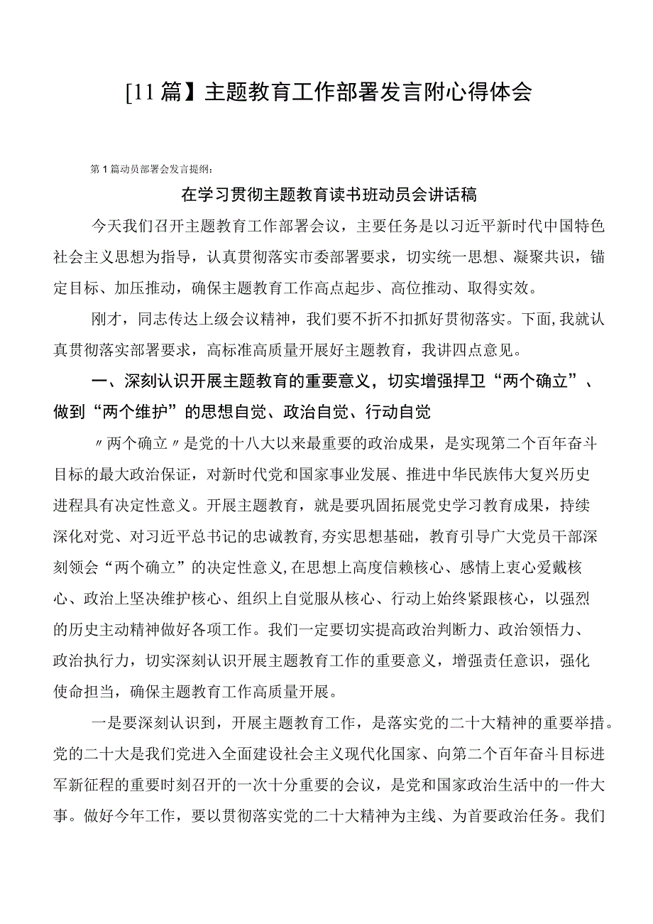 【11篇】主题教育工作部署发言附心得体会.docx_第1页