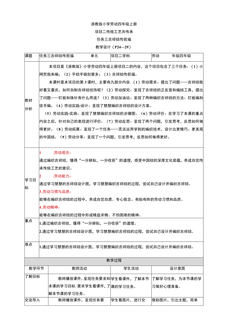 【核心素养目标】浙教版劳动四上项目二 任务三《吉祥结 传祝福》 教案.docx_第1页