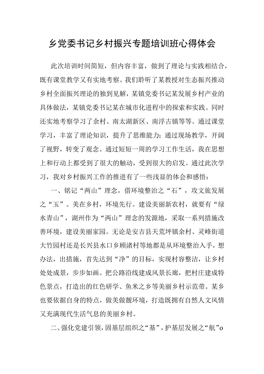 乡村振兴专题培训班心得体会（乡镇党委书记）.docx_第1页