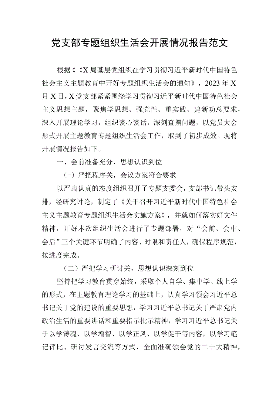 党支部专题组织生活会开展情况报告范文.docx_第1页