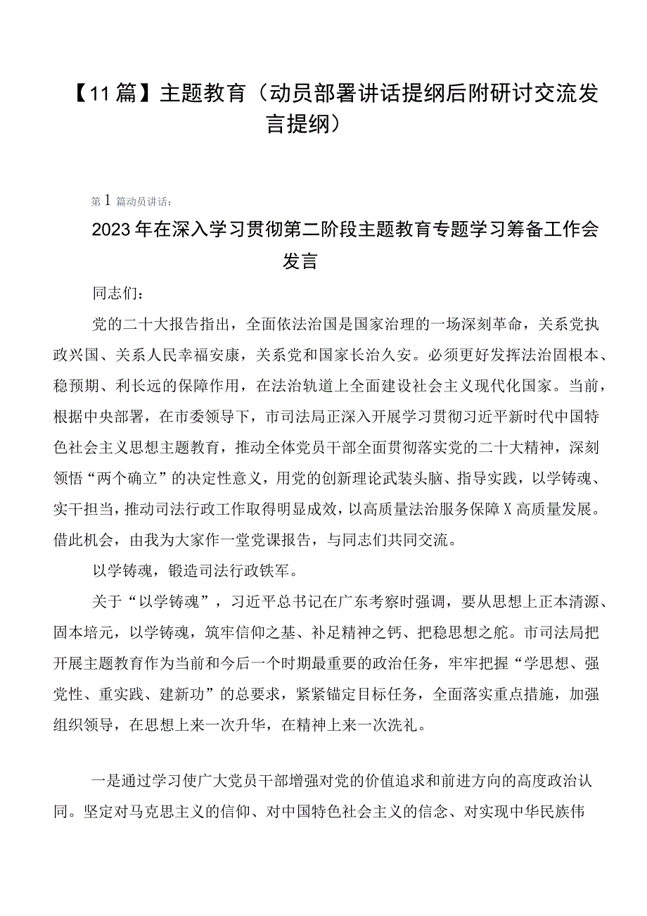 【11篇】主题教育（动员部署讲话提纲后附研讨交流发言提纲）.docx_第1页