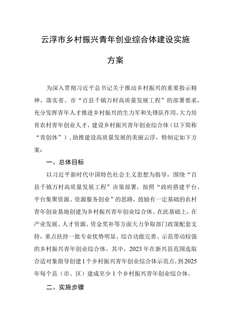 云浮市乡村振兴青年创业综合体建设实施方案.docx_第1页