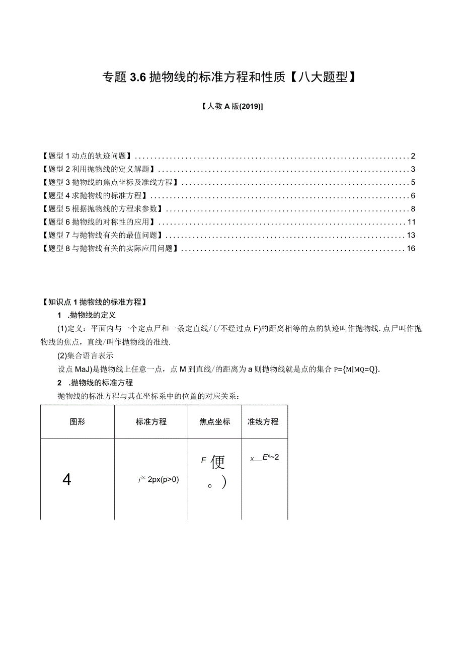 专题3.6 抛物线的标准方程和性质【八大题型】（举一反三）（人教A版2019选择性必修第一册）（解析版）.docx_第1页