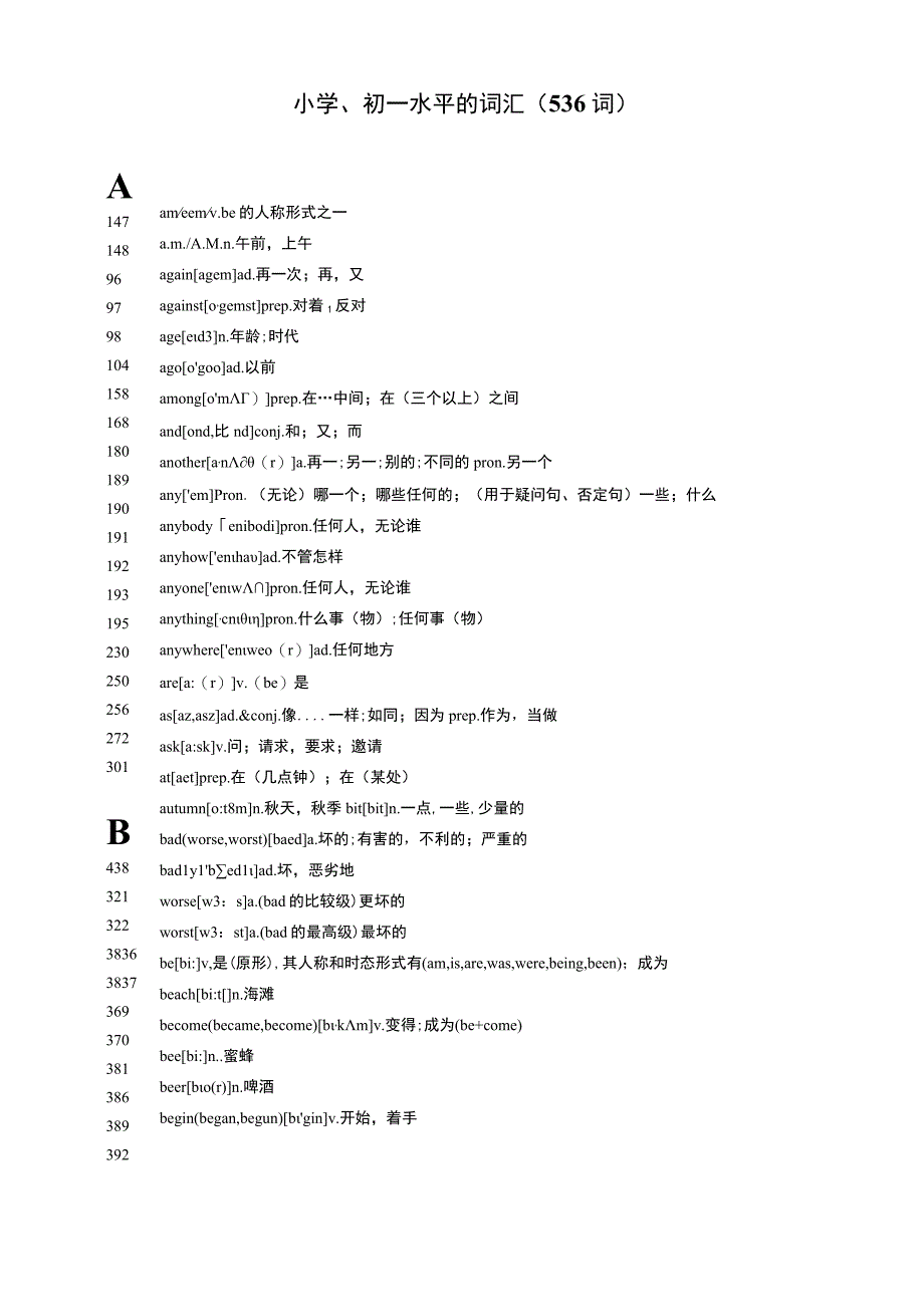 1. 小学、初一水平的词汇（536词）.docx_第1页