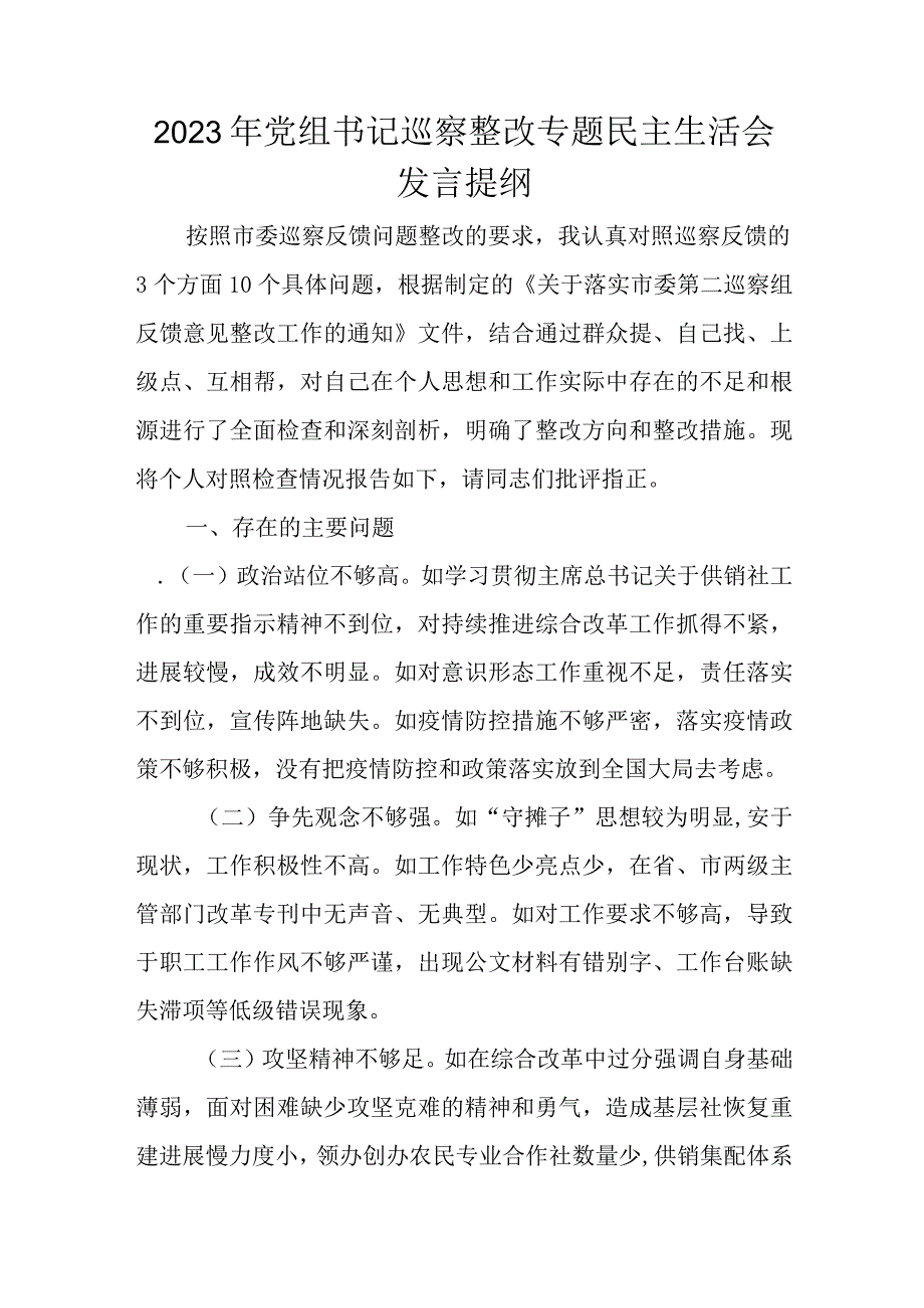 2022年党组书记巡察整改专题民主生活会发言提纲.docx_第1页