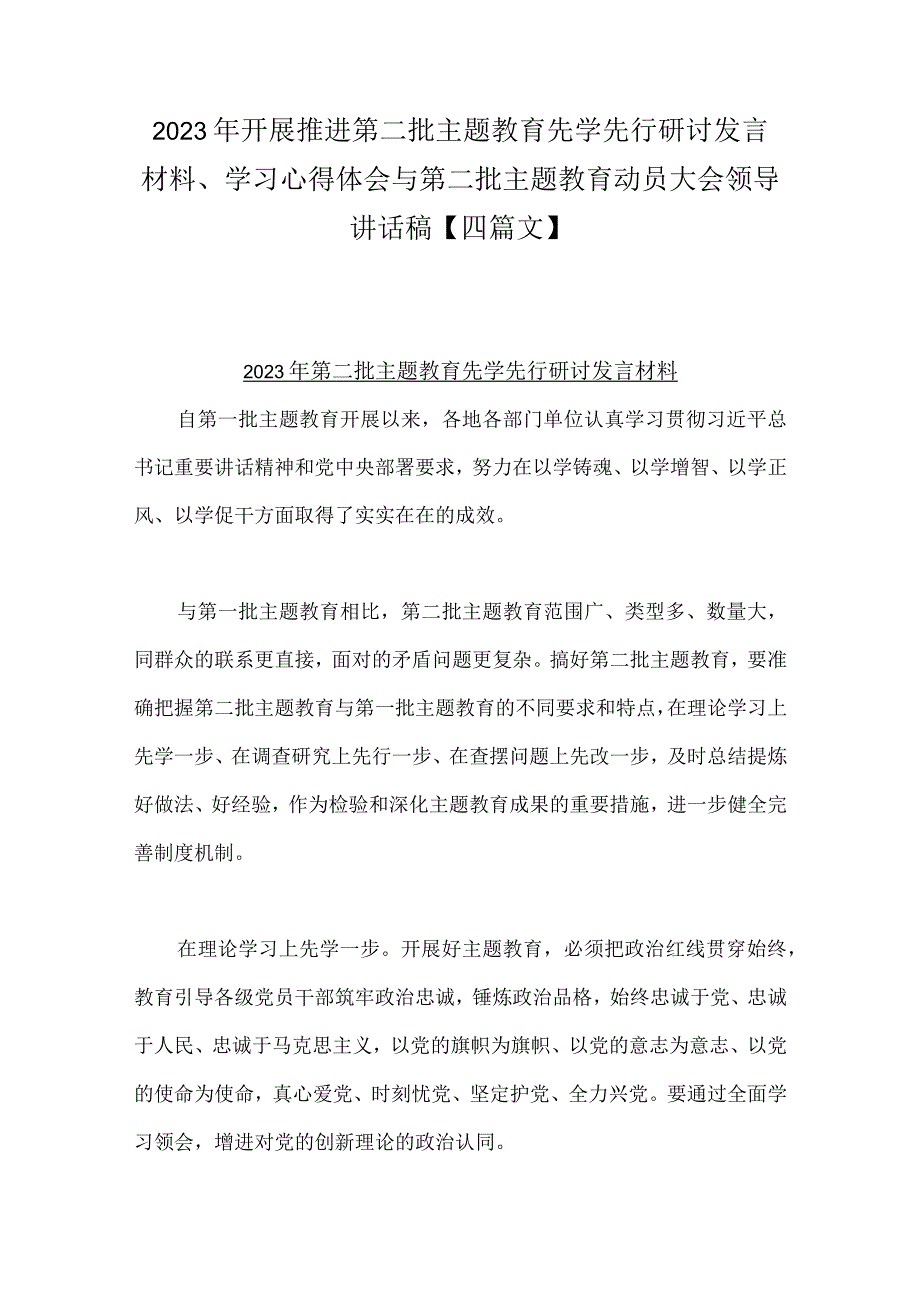 2023年开展推进第二批主题教育先学先行研讨发言材料、学习心得体会与第二批主题教育动员大会领导讲话稿【四篇文】.docx_第1页