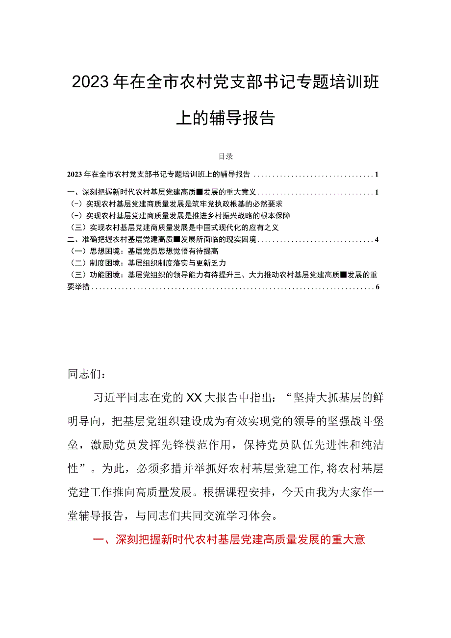 2023年在全市农村党支部书记专题培训班上的辅导报告.docx_第1页