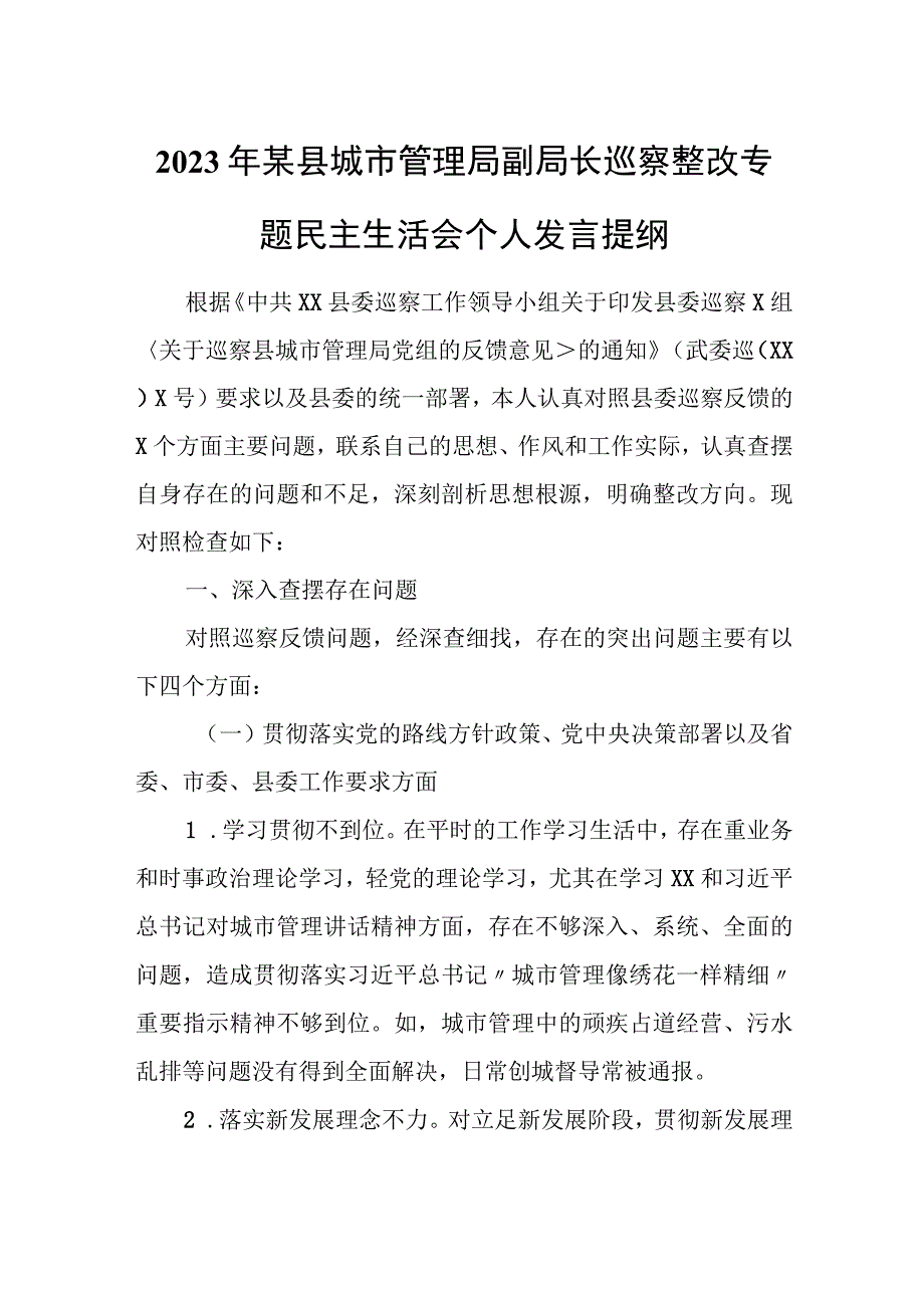 2023年某县城市管理局副局长巡察整改专题民主生活会个人发言提纲.docx_第1页