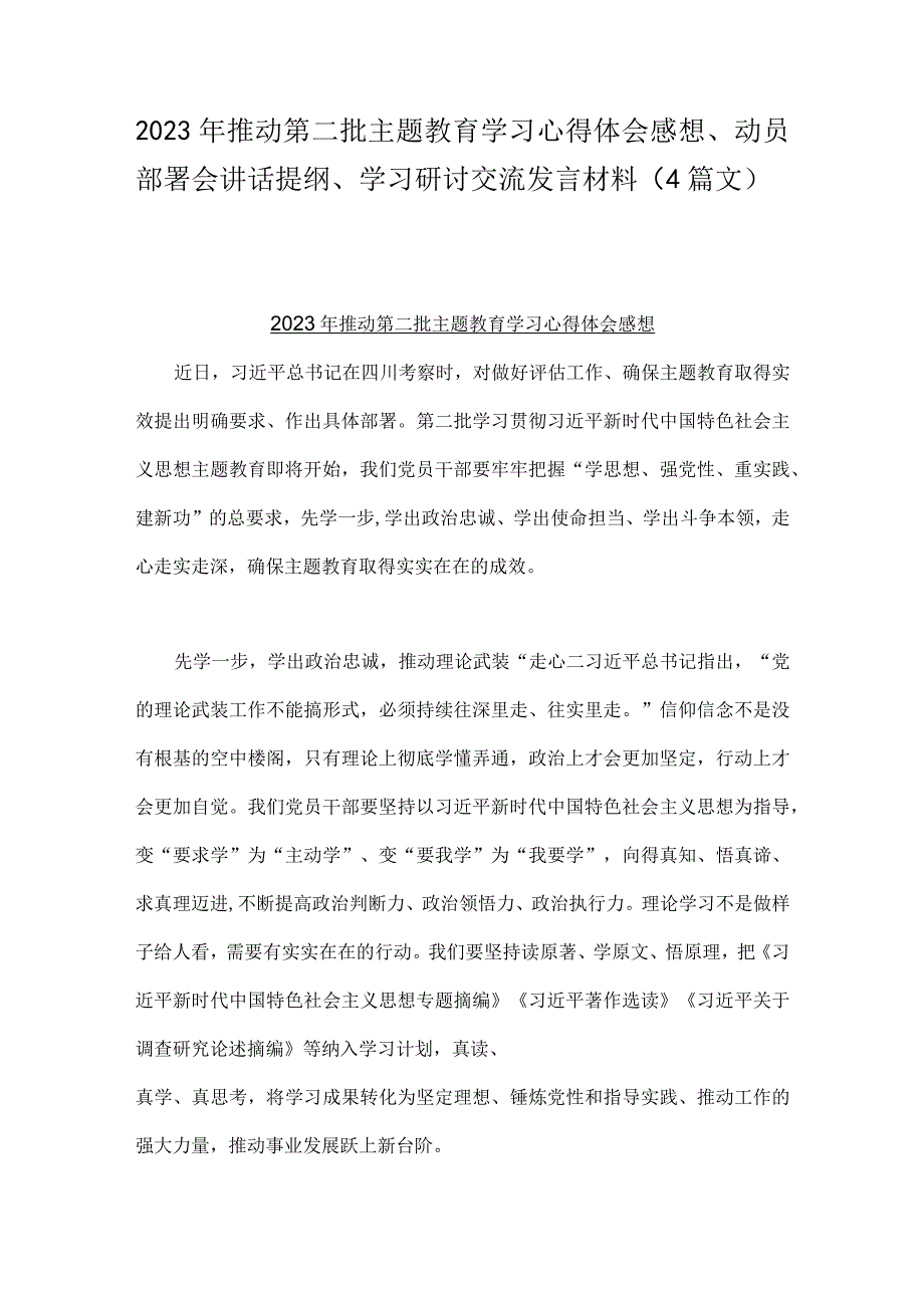 2023年推动第二批主题教育学习心得体会感想、动员部署会讲话提纲、学习研讨交流发言材料（4篇文）.docx_第1页