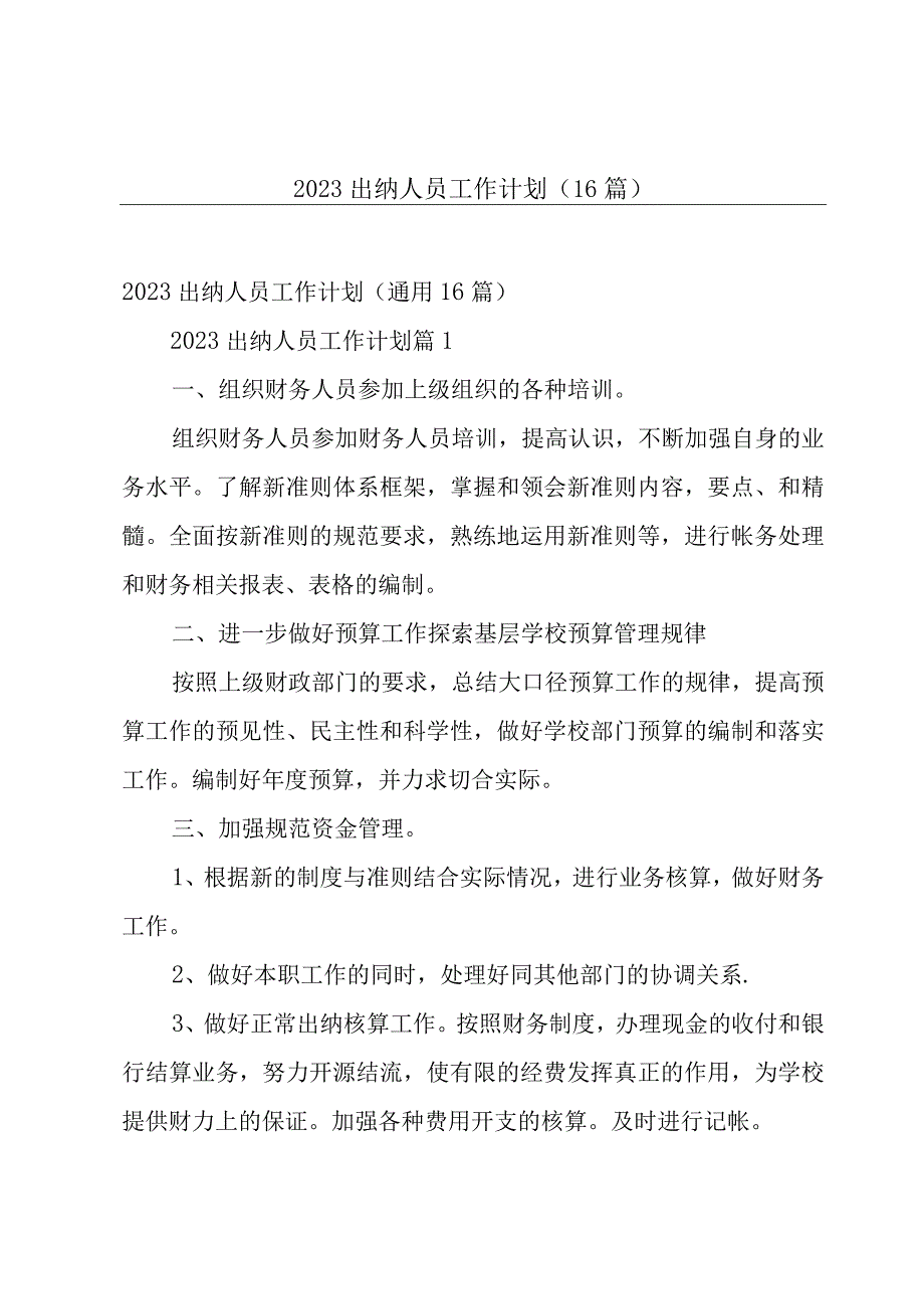 2023出纳人员工作计划（16篇）.docx_第1页