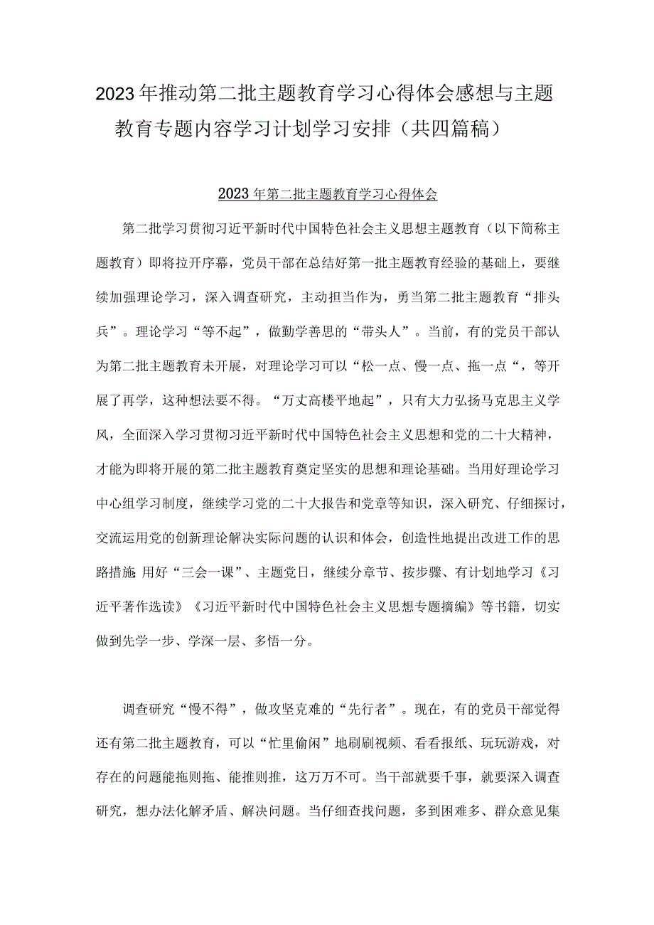 2023年推动第二批主题教育学习心得体会感想与主题教育专题内容学习计划学习安排（共四篇稿）.docx_第1页