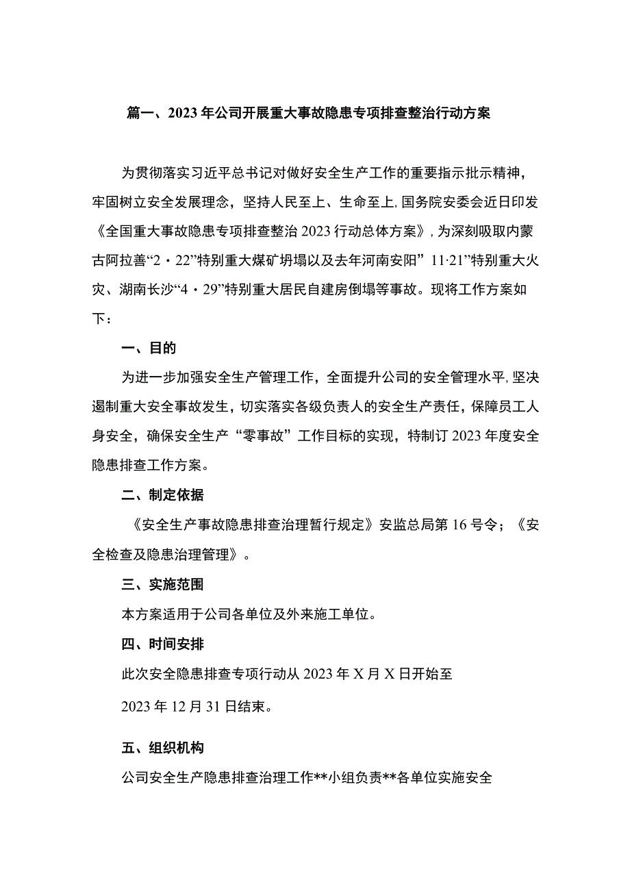 2023年公司开展重大事故隐患专项排查整治行动方案（共8篇）.docx_第2页