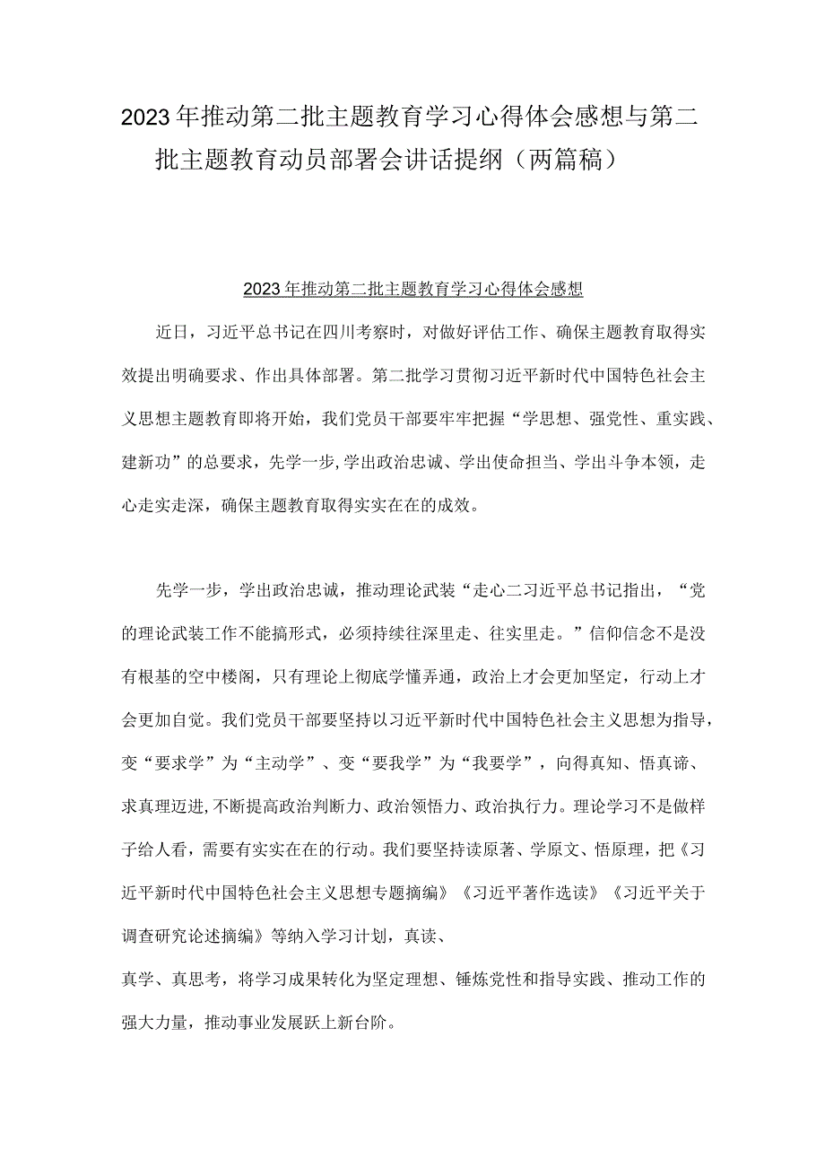 2023年推动第二批主题教育学习心得体会感想与第二批主题教育动员部署会讲话提纲（两篇稿）.docx_第1页