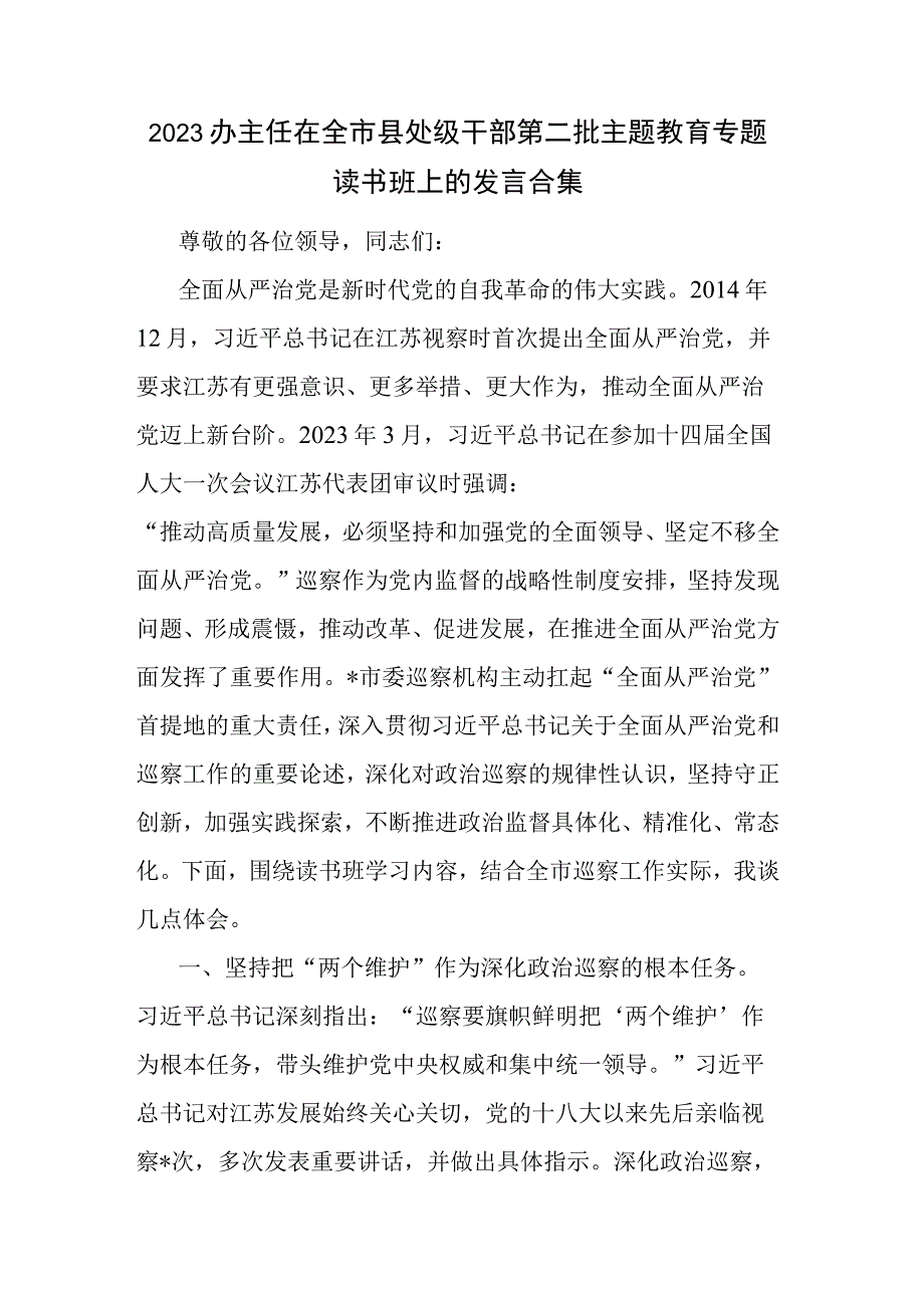 2023办主任在全市县处级干部第二批主题教育专题读书班上的发言合集.docx_第1页