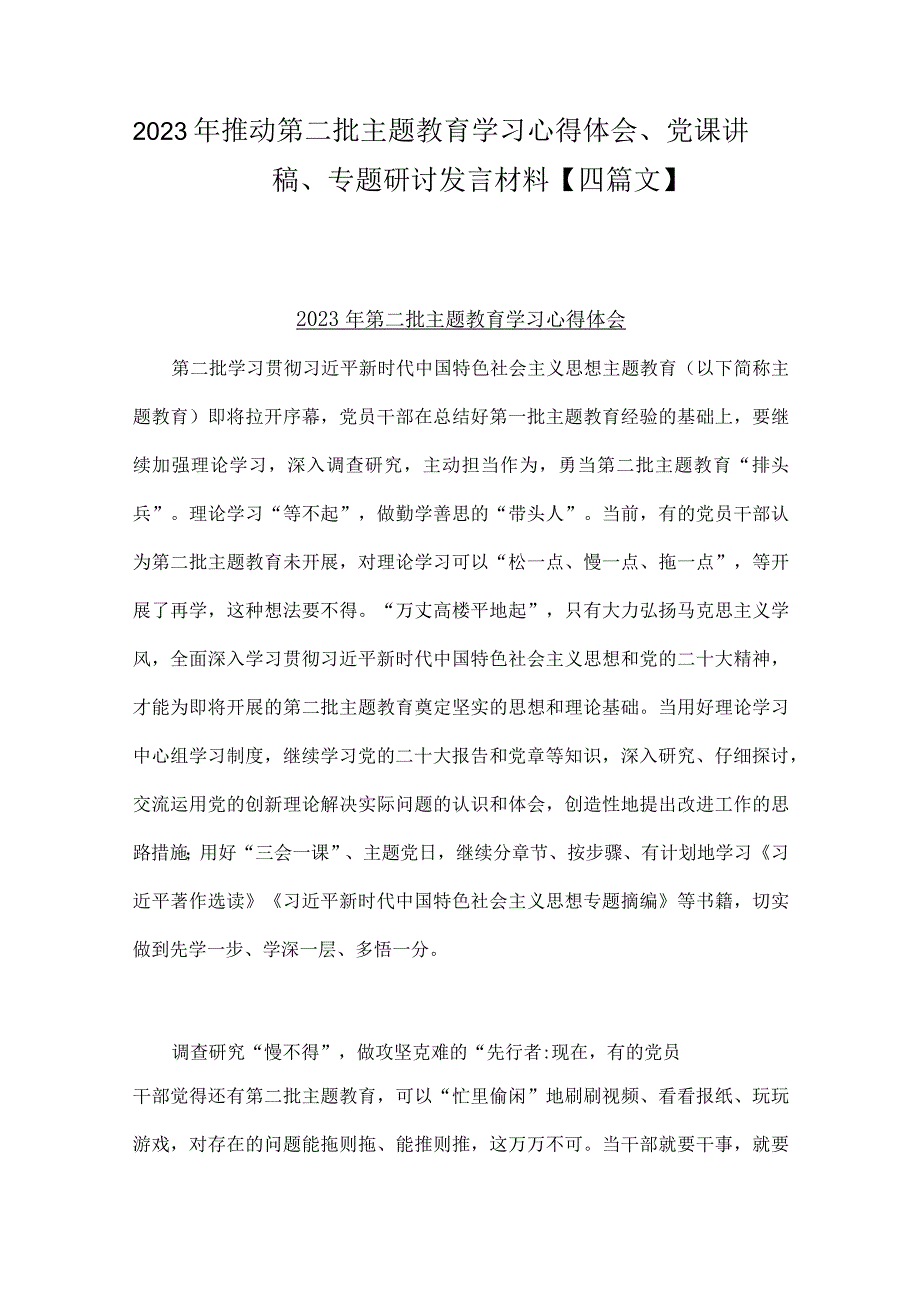 2023年推动第二批主题教育学习心得体会、党课讲稿、专题研讨发言材料【四篇文】.docx_第1页