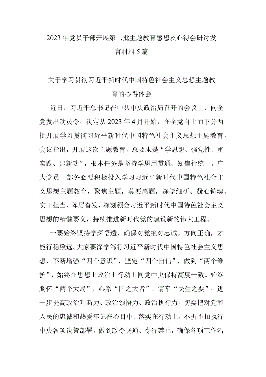 2023年党员干部开展第二批主题教育感想及心得会研讨发言材料5篇.docx_第1页