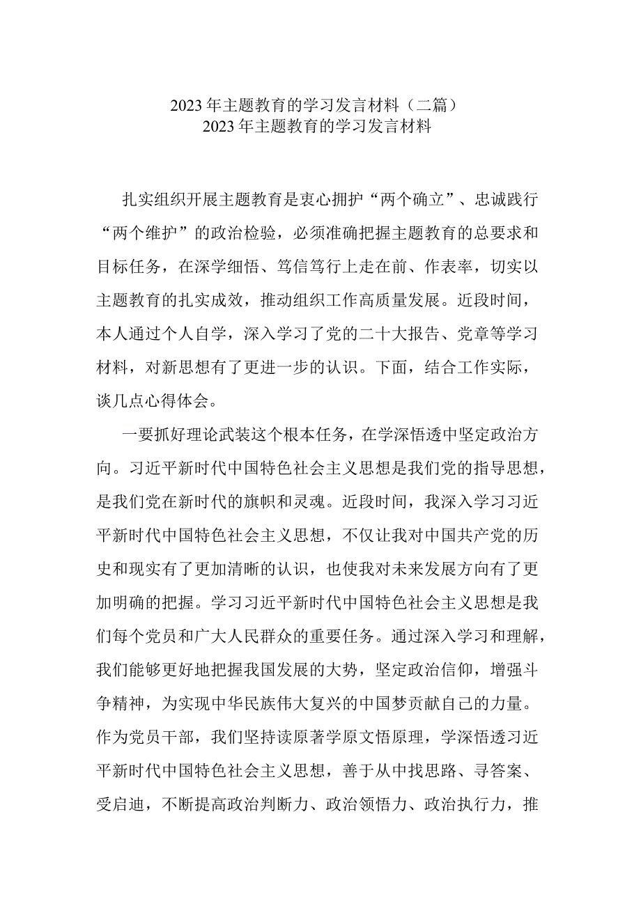 2023年主题教育的学习发言材料(二篇).docx_第1页