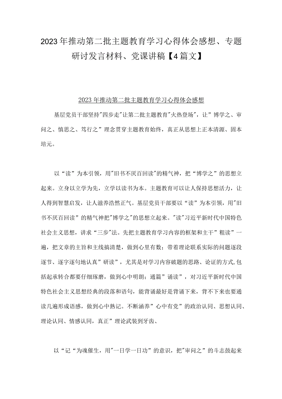 2023年推动第二批主题教育学习心得体会感想、专题研讨发言材料、党课讲稿【4篇文】.docx_第1页