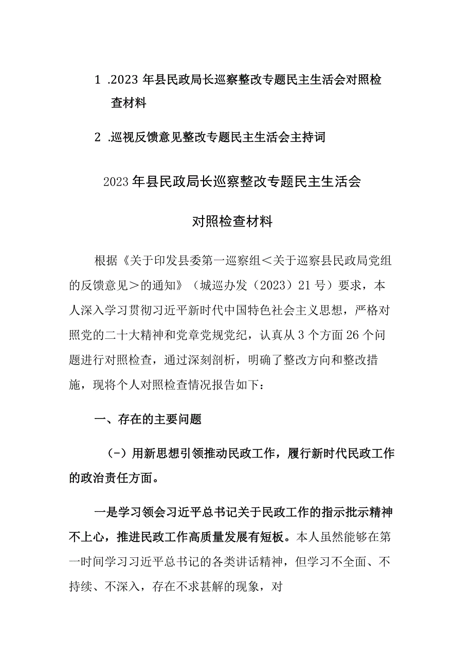 2023年局长巡察整改专题民主生活会对照检查材料参考范文.docx_第1页