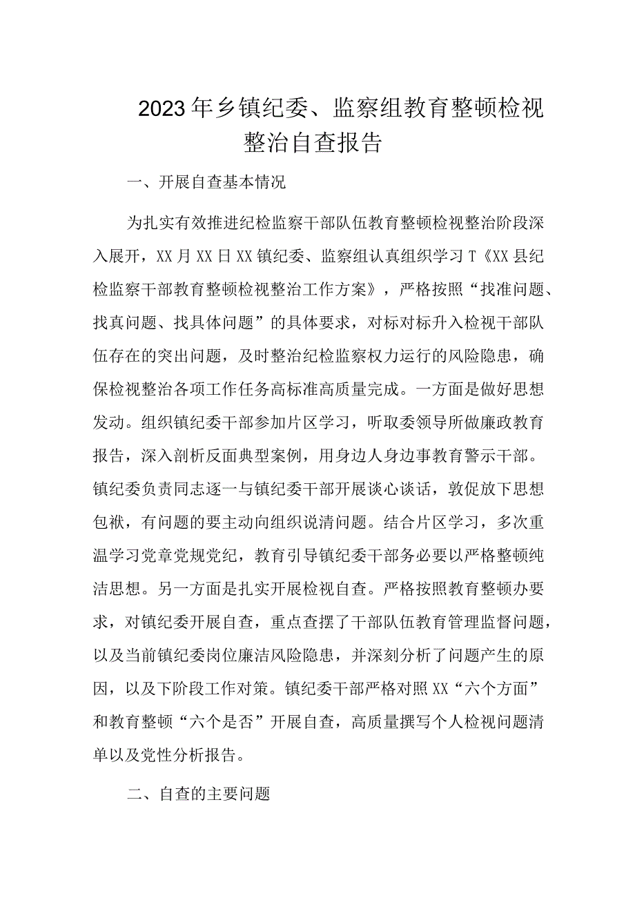 2023年乡镇纪委、监察组教育整顿检视整治自查报告.docx_第1页