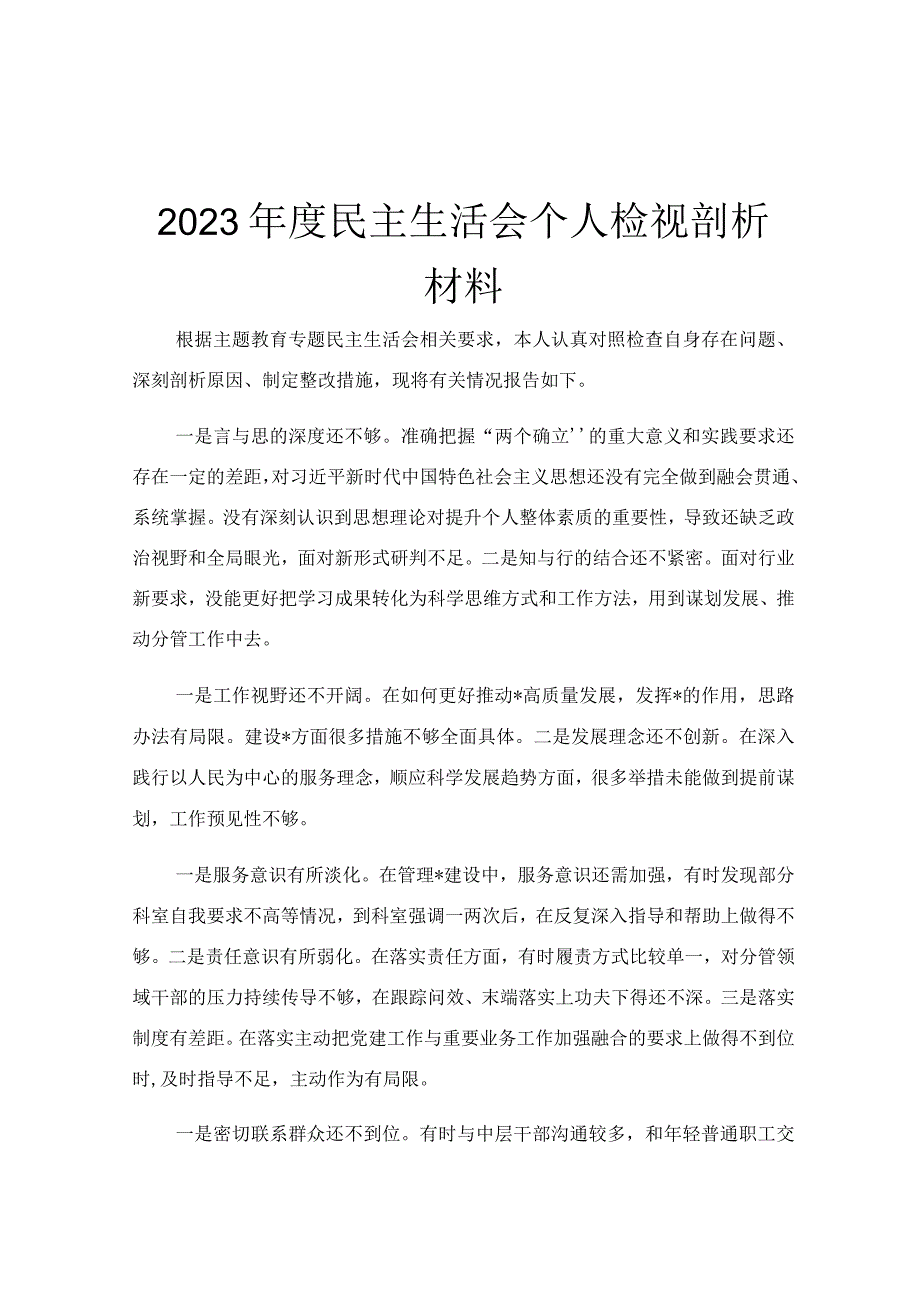 2023年度民主生活会个人检视剖析材料.docx_第1页