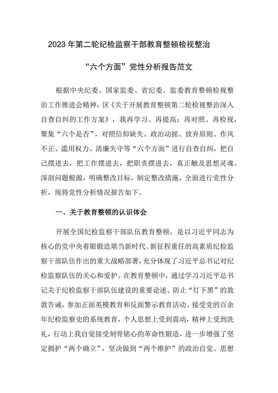 2023年第二轮纪检监察干部教育整顿检视整治“六个方面”党性分析报告范文.docx_第1页