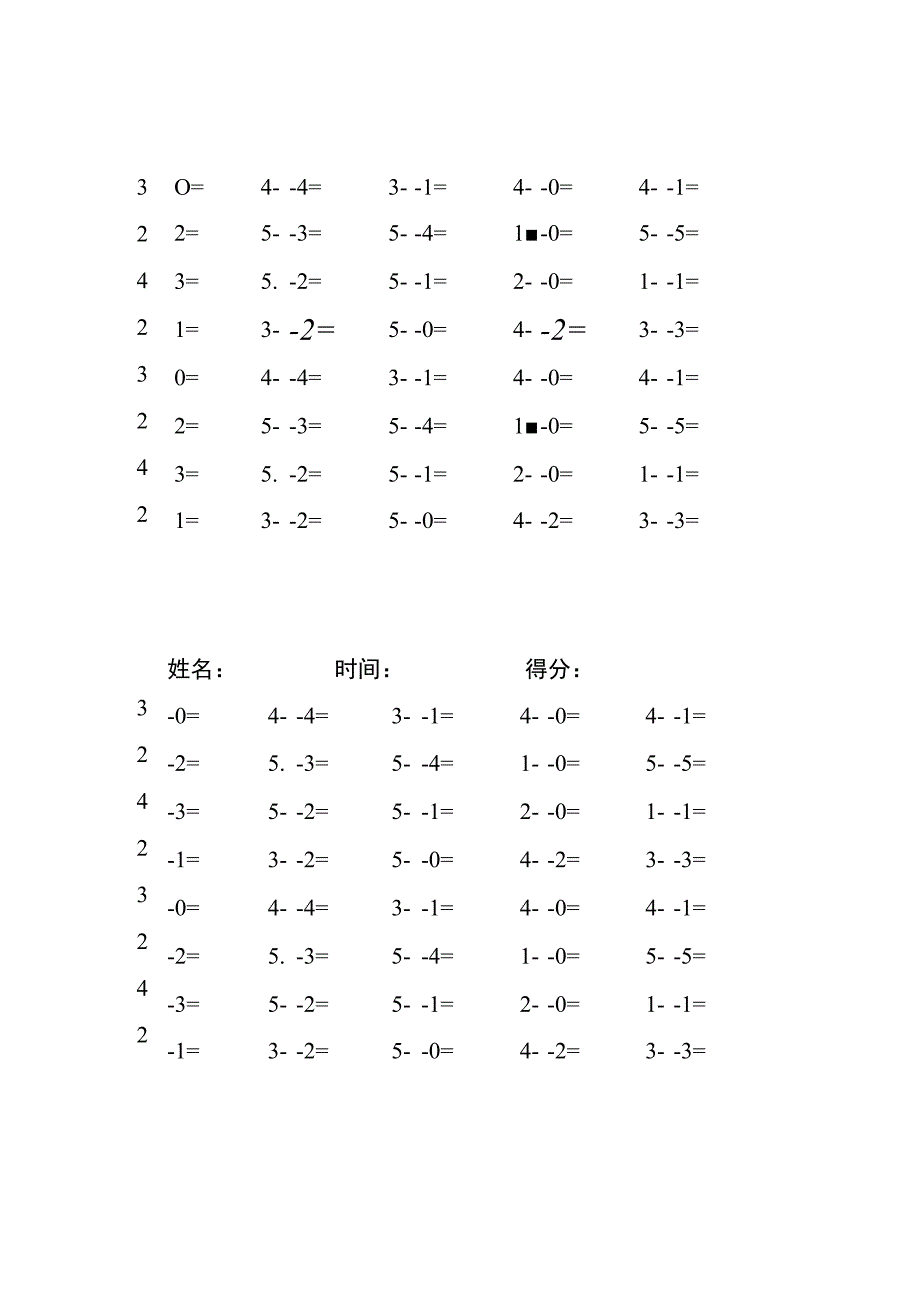 5以内减法每日练习题库（共125份每份40题）(95).docx_第1页