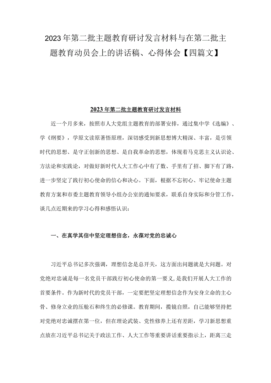 2023年第二批主题教育研讨发言材料与在第二批主题教育动员会上的讲话稿、心得体会【四篇文】.docx_第1页