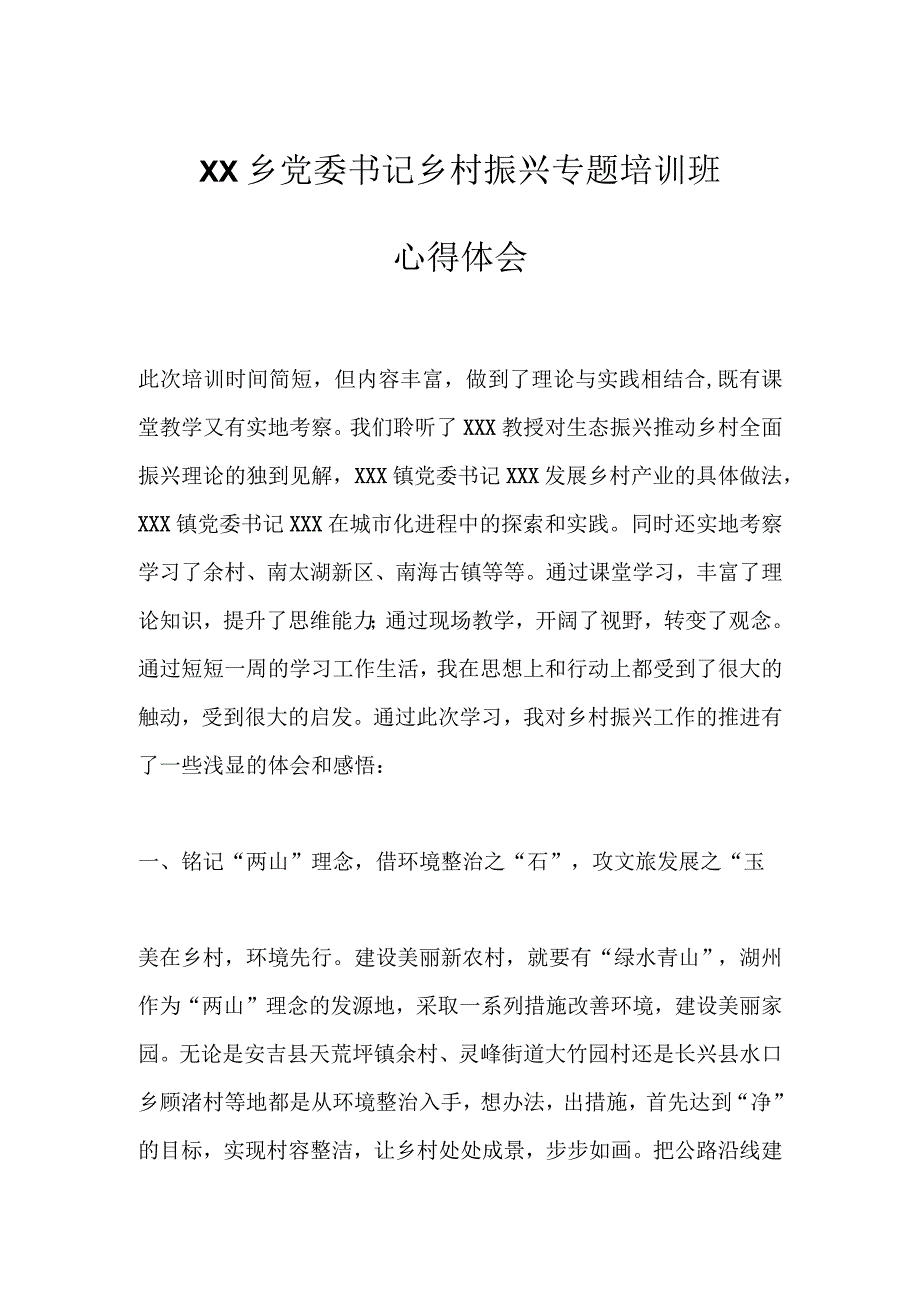 XX乡党委书记乡村振兴专题培训班心得体会.docx_第1页