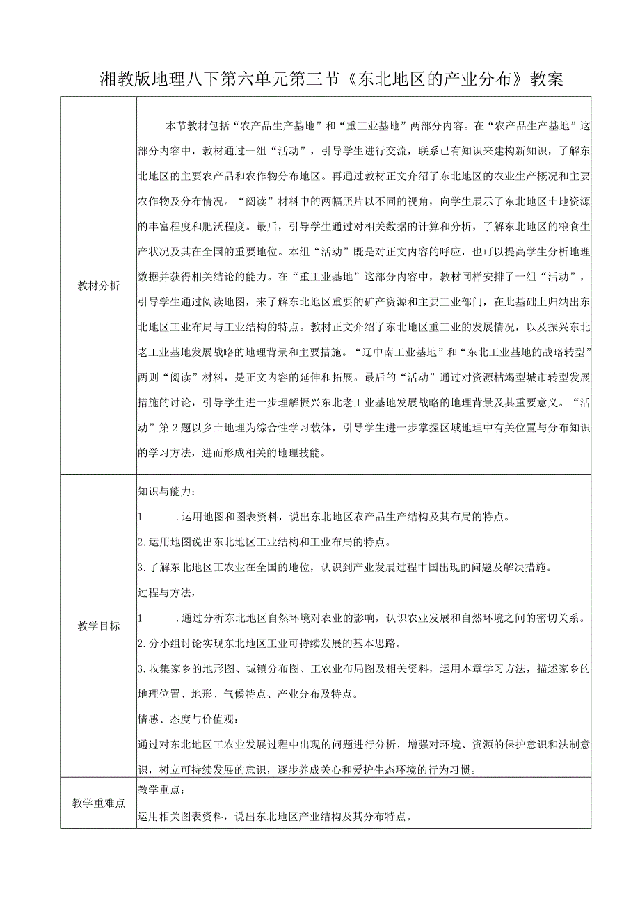 23春湘教版八下第六章第3节《 东北地区的产业分布》教案.docx_第1页