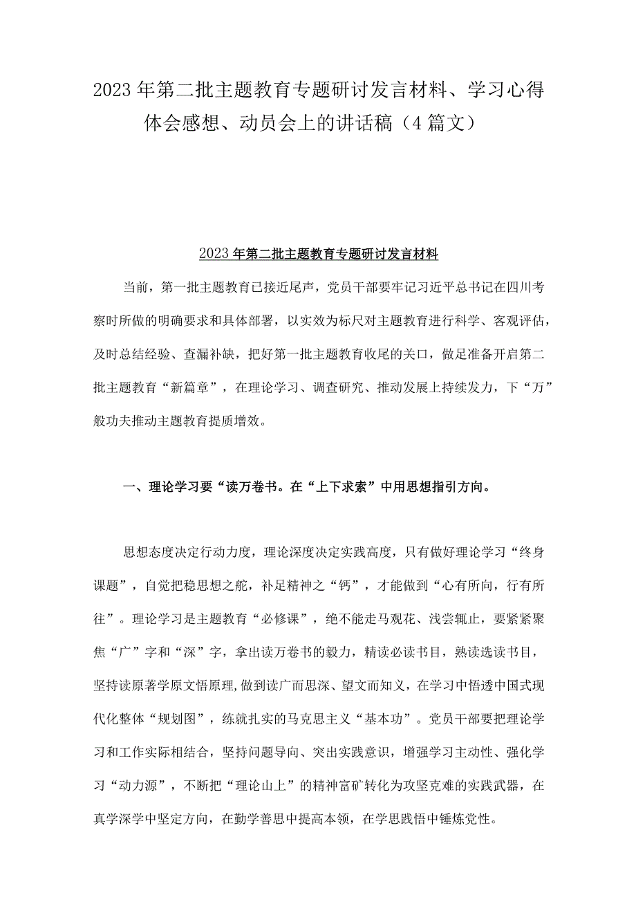 2023年第二批主题教育专题研讨发言材料、学习心得体会感想、动员会上的讲话稿（4篇文）.docx_第1页