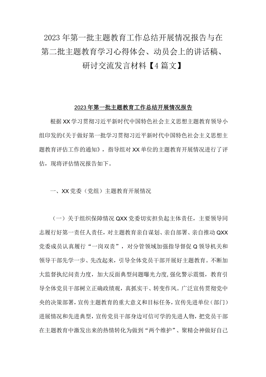 2023年第一批主题教育工作总结开展情况报告与在第二批主题教育学习心得体会、动员会上的讲话稿、研讨交流发言材料【4篇文】.docx_第1页