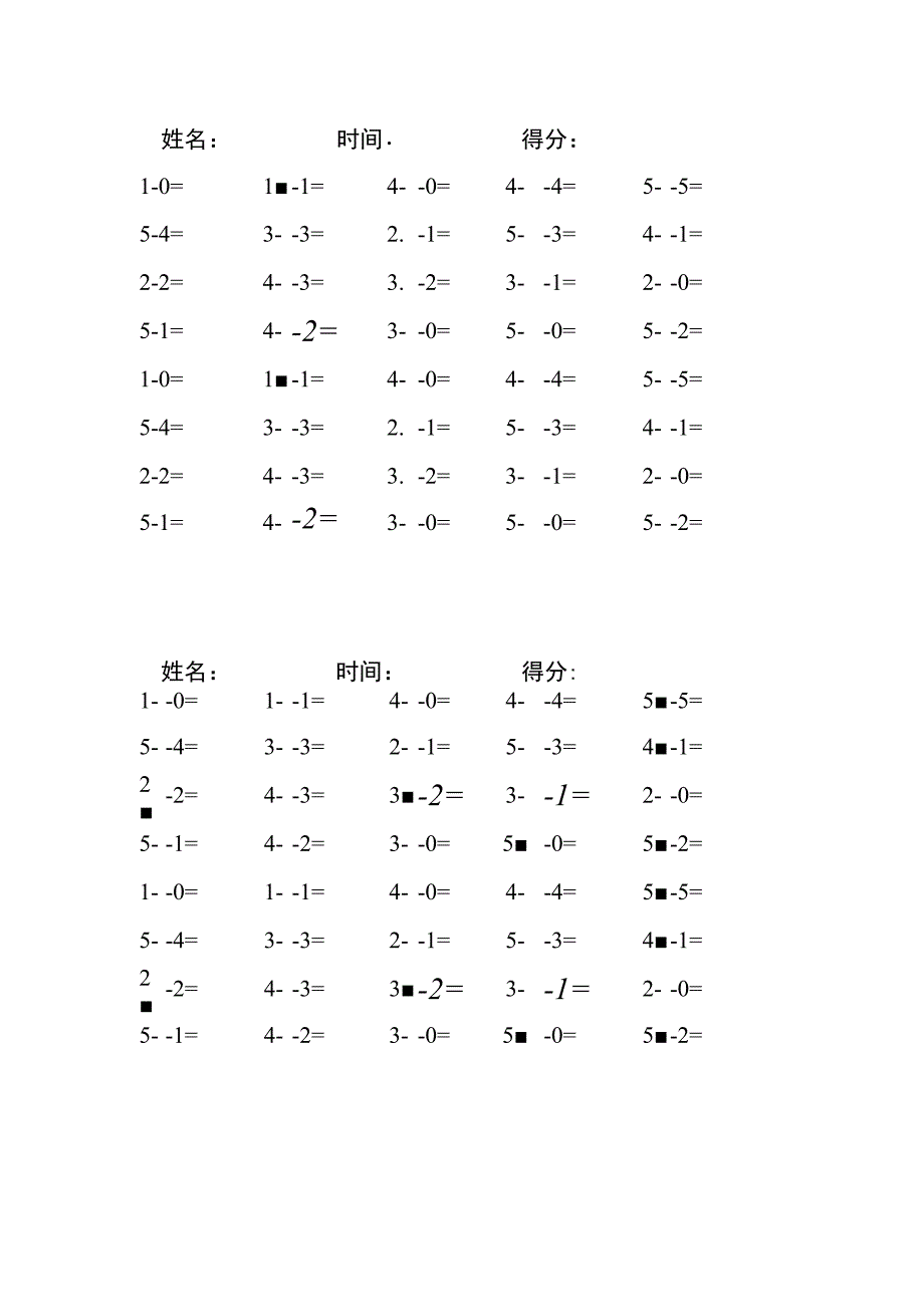 5以内减法每日练习题库（共125份每份40题）(81).docx_第1页