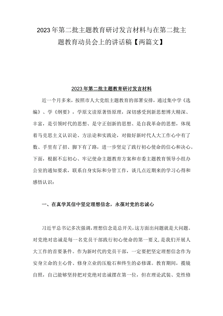 2023年第二批主题教育研讨发言材料与在第二批主题教育动员会上的讲话稿【两篇文】.docx_第1页