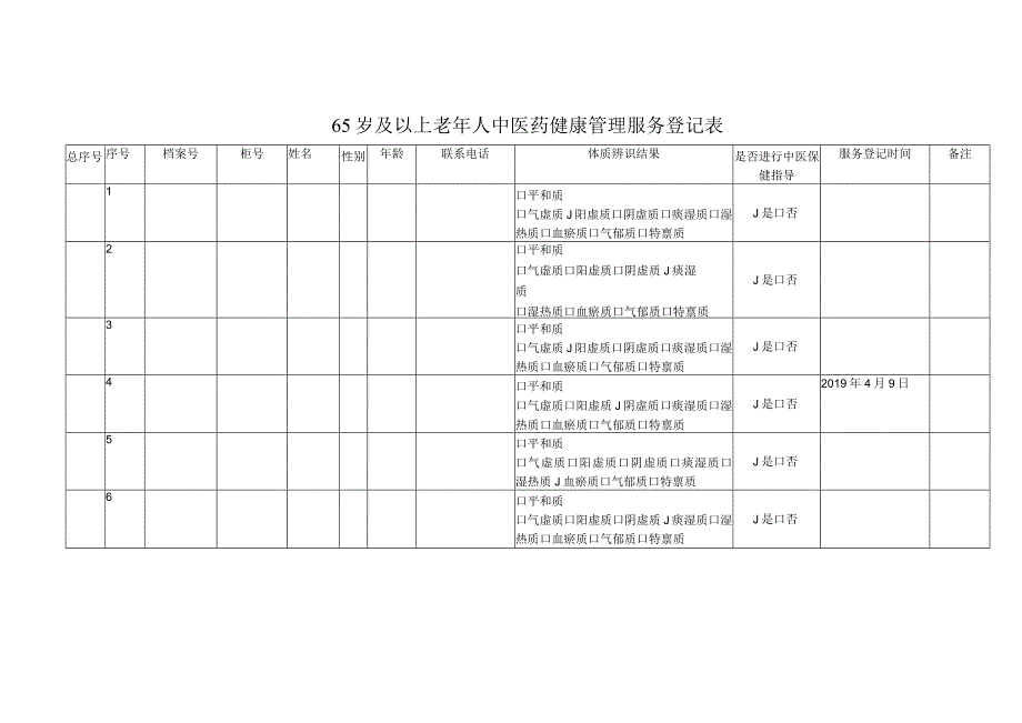 65岁及以上老年人中医药健康管理服务登记表.docx_第1页