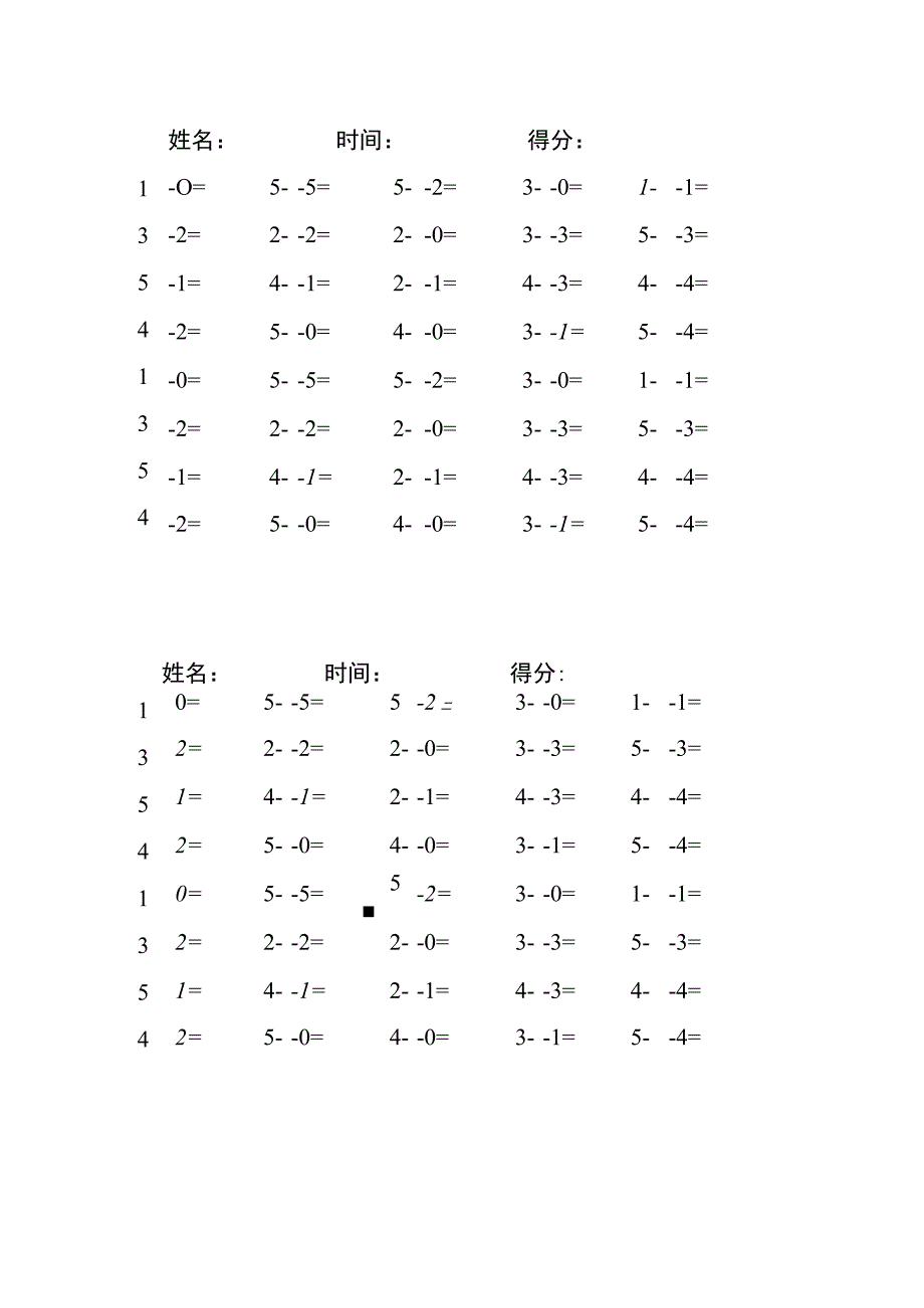 5以内减法每日练习题库（共125份每份40题）(82).docx_第1页