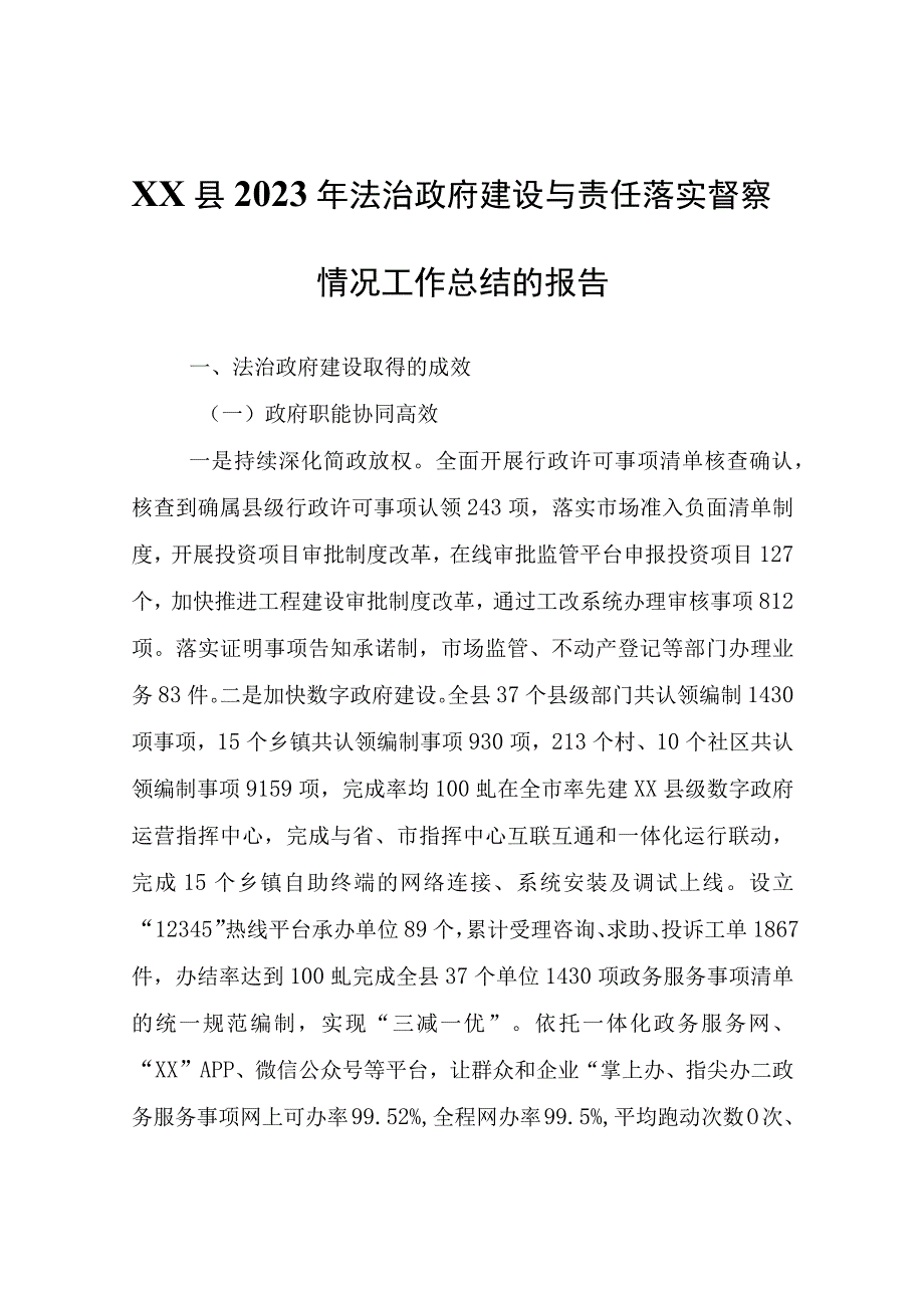 XX县2022年法治政府建设与责任落实督察情况工作总结的报告.docx_第1页