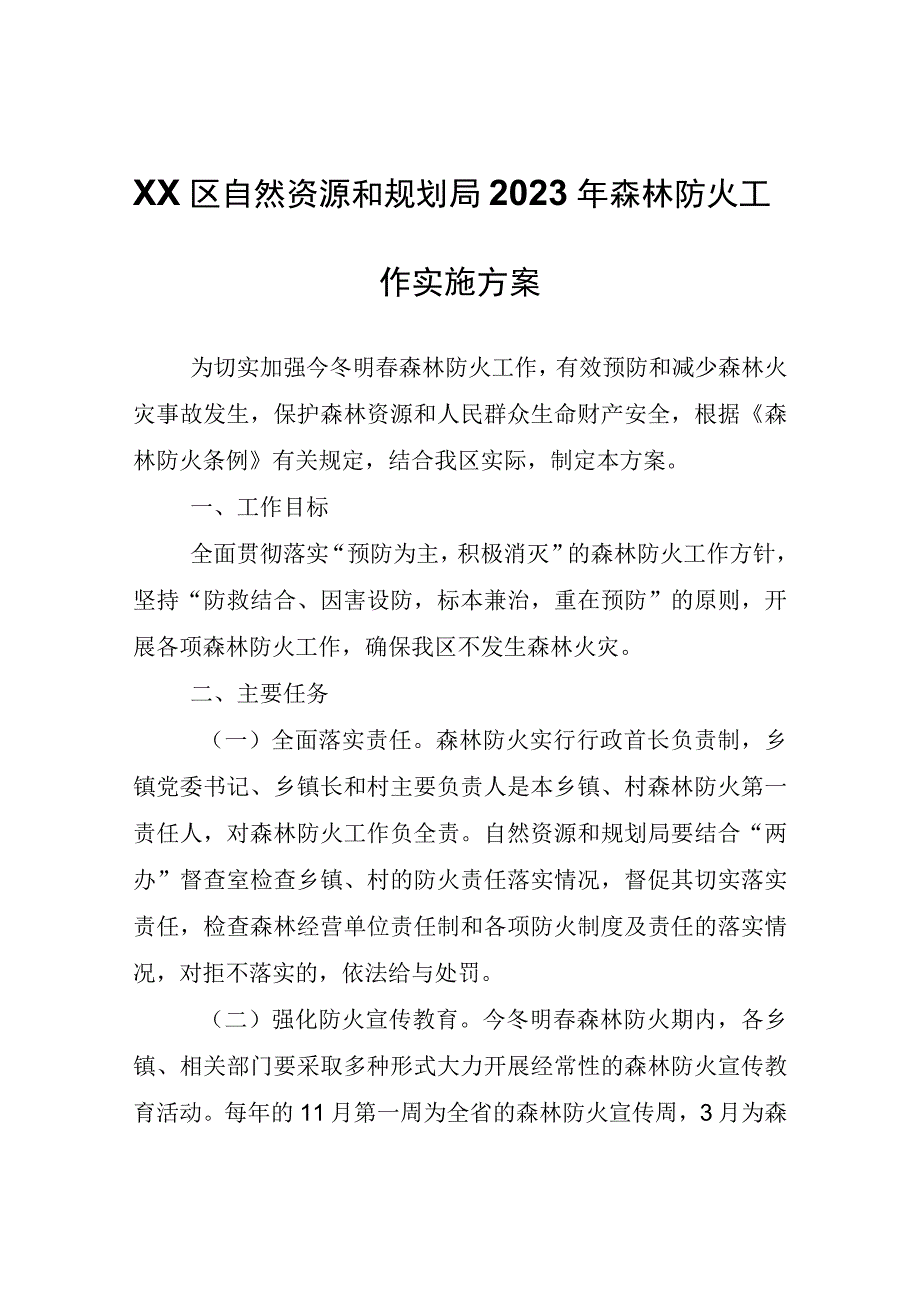 XX区自然资源和规划局2023年森林防火工作实施方案.docx_第1页