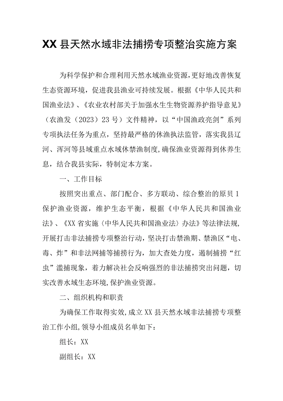 XX县天然水域非法捕捞专项整治实施方案.docx_第1页