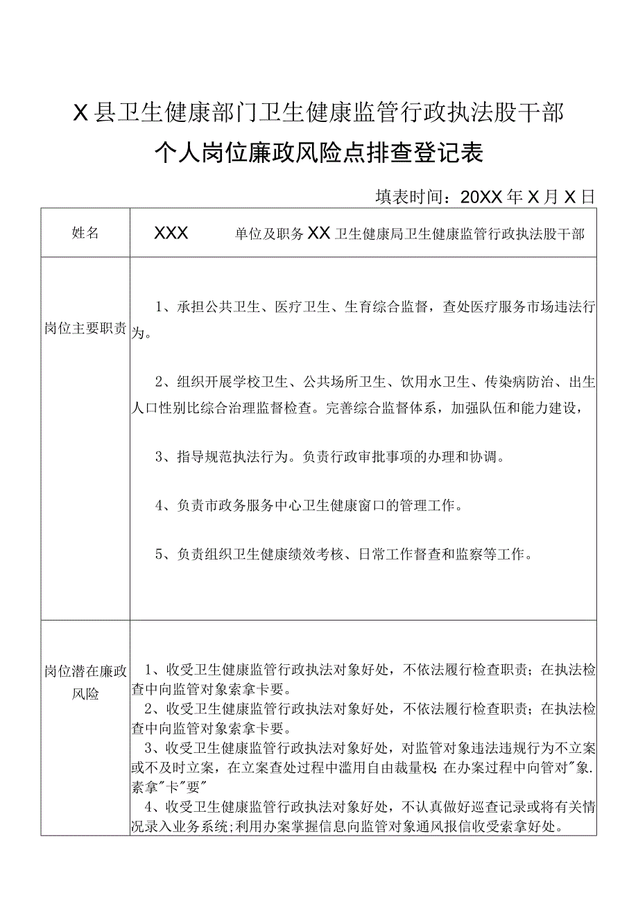 X县卫生健康部门卫生健康监管行政执法股干部个人岗位廉政风险点排查登记表.docx_第1页