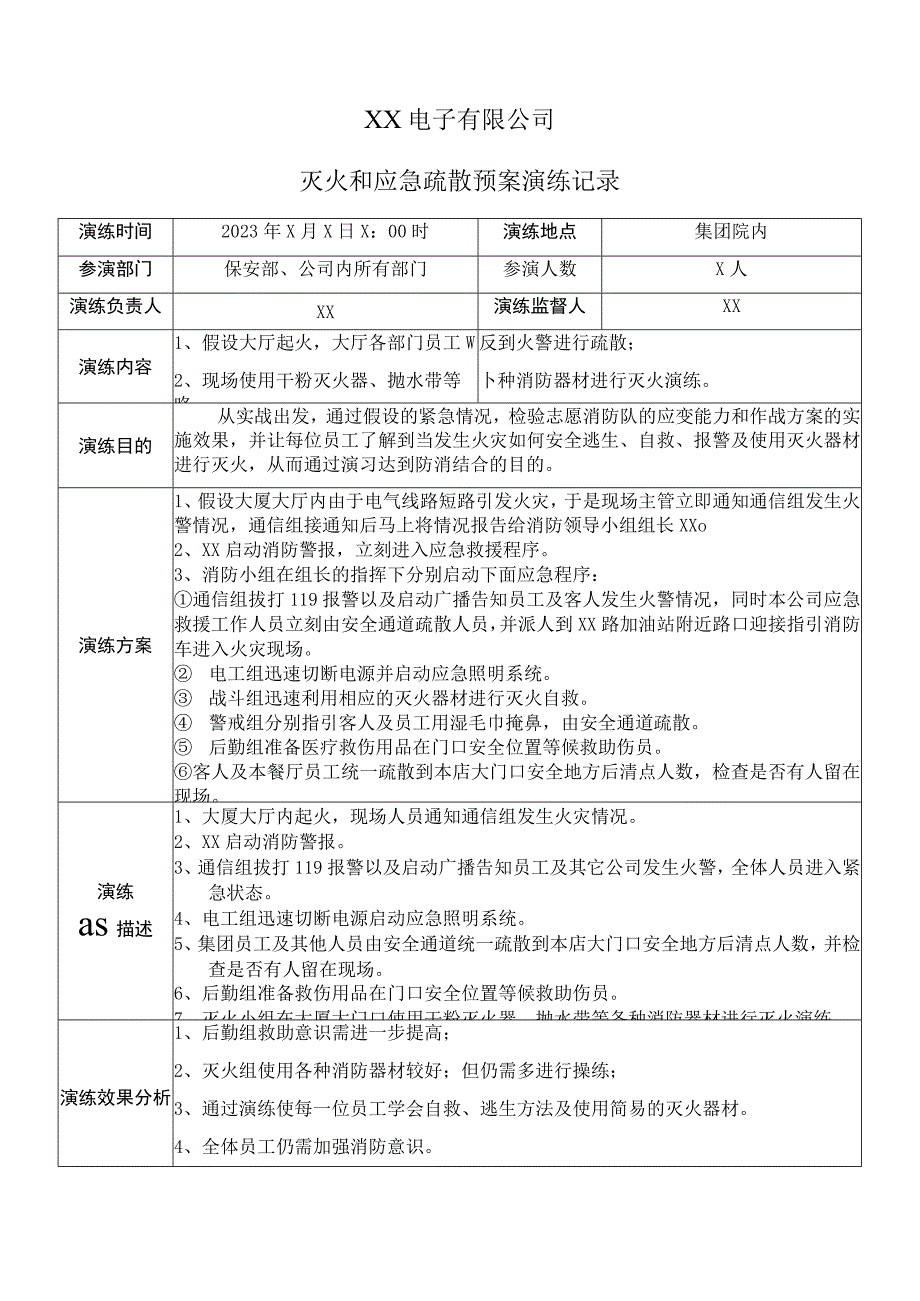 XX电子有限公司灭火和应急疏散预案演练记录（2023月）.docx_第1页