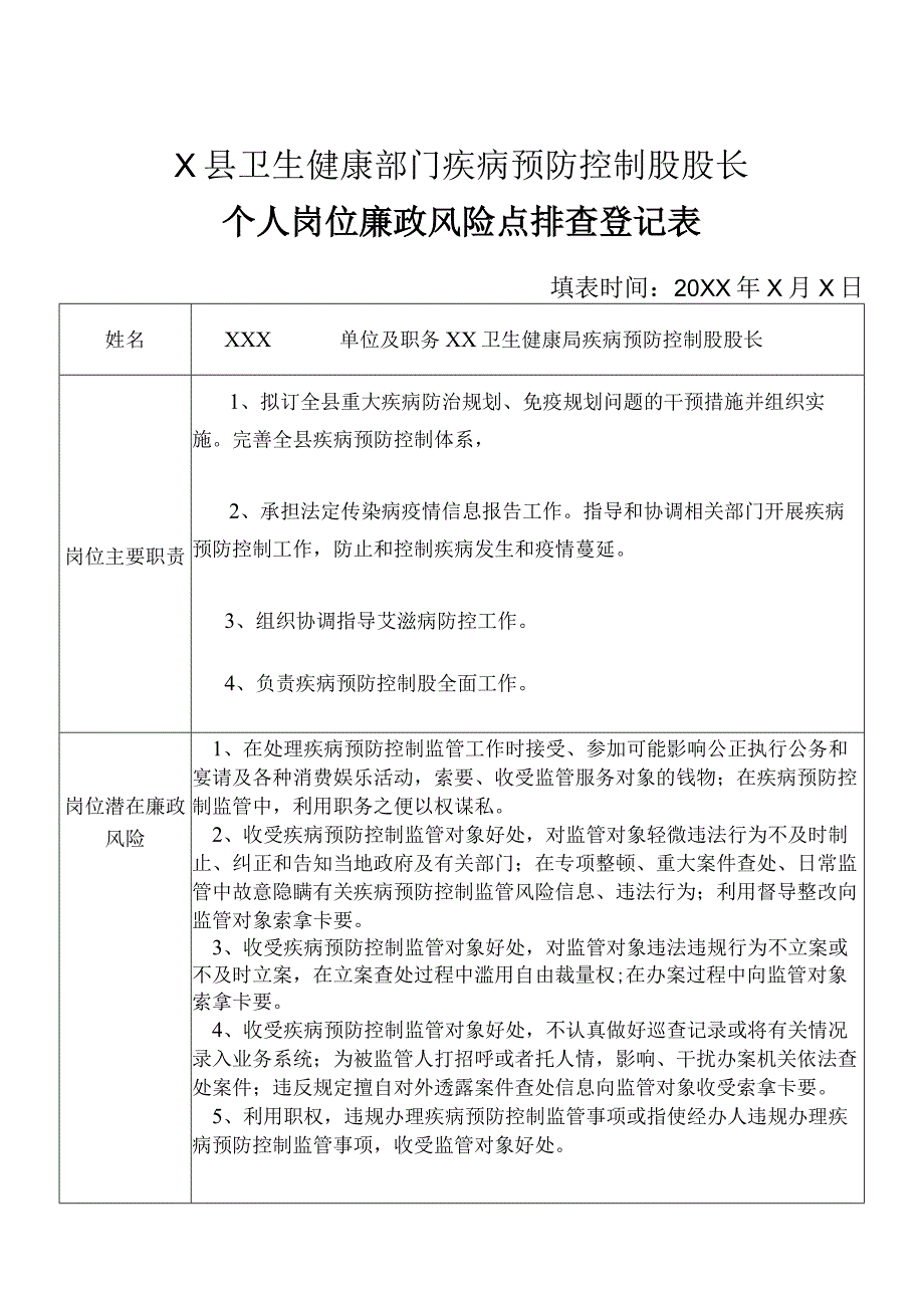 X县卫生健康部门疾病预防控制股股长个人岗位廉政风险点排查登记表.docx_第1页