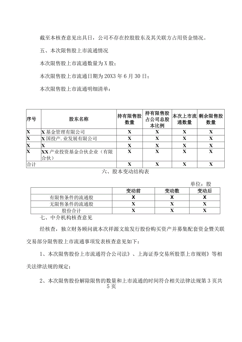 XX证券股份有限公司关于XX文旅股份有限公司发行股份购买资产并募集配套资金暨关联交易部分限售股上市流通的核查意见.docx_第3页