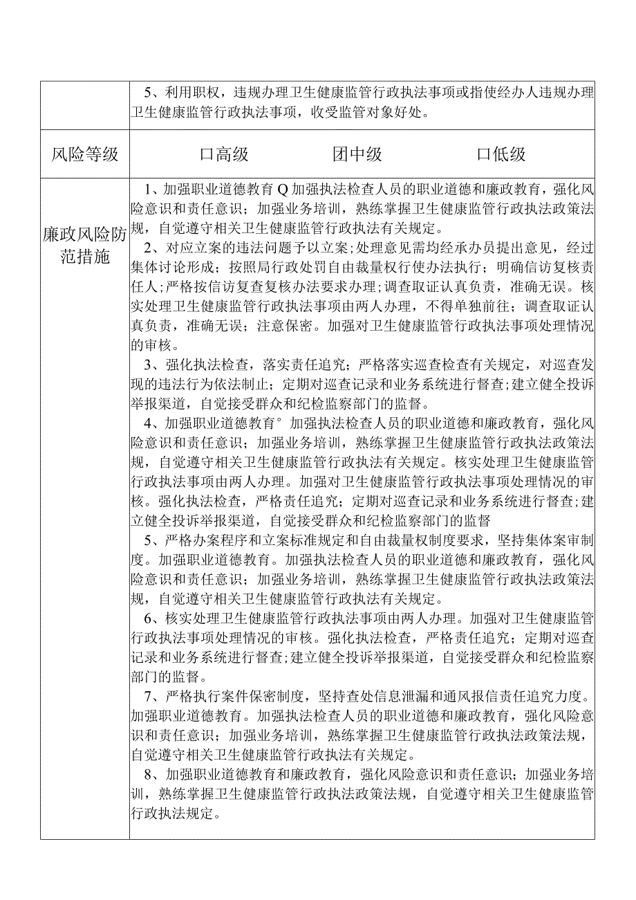 X县卫生健康部门卫生健康监管行政执法股股长个人岗位廉政风险点排查登记表.docx_第3页