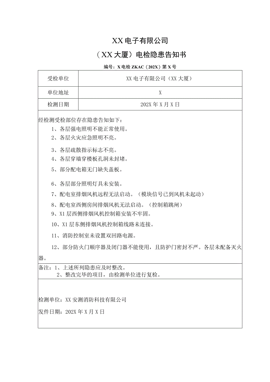 XX电子有限公司（XX大厦）电检隐患告知书(2023年).docx_第1页